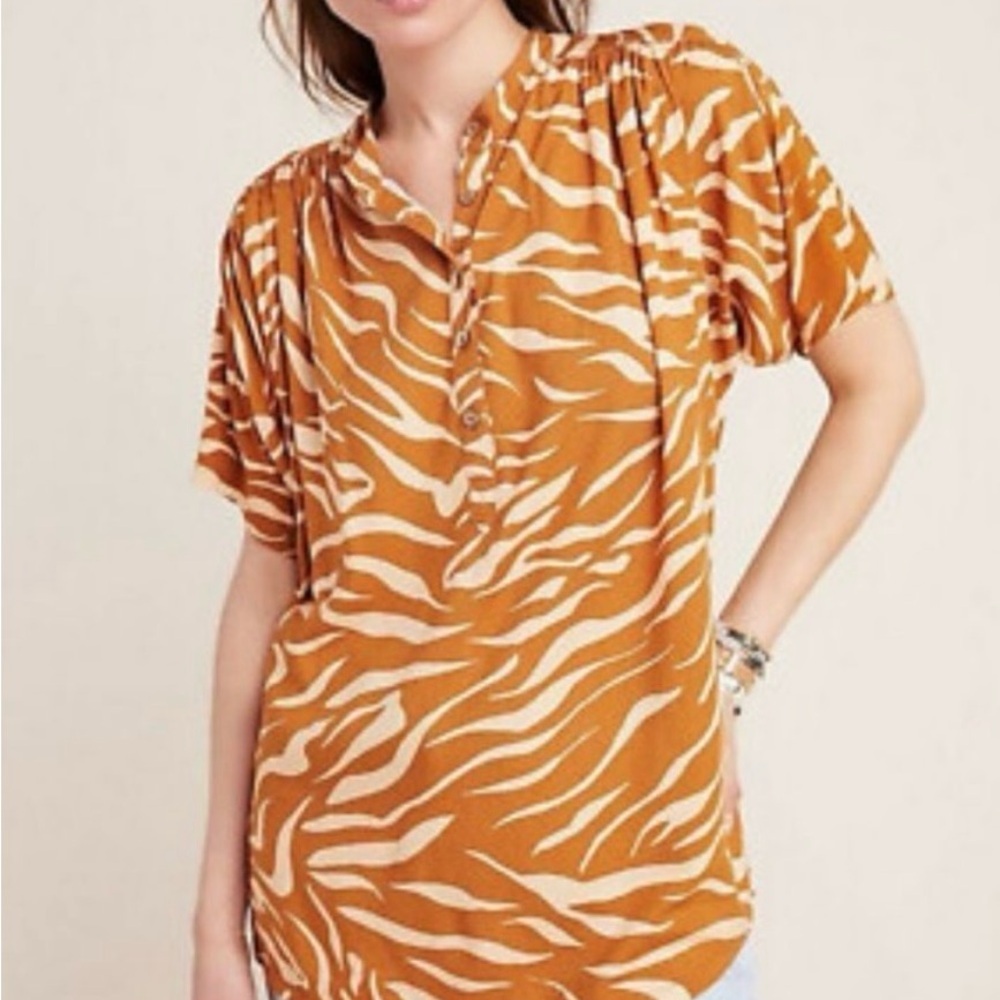 Maeve for Anthropologie Windham Tinic Top Brown Zebra Print